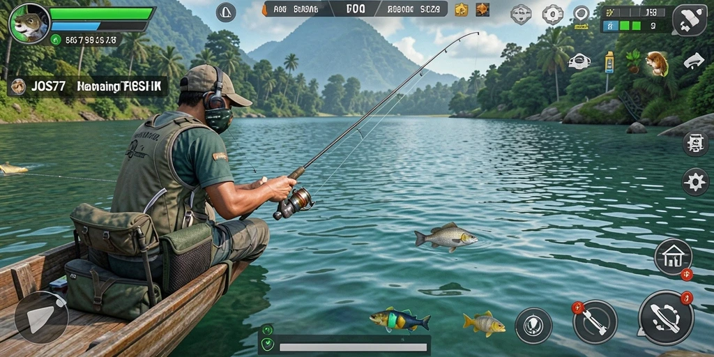 Screenshot gameplay JOS77 menampilkan momen memancing yang mendebarkan.