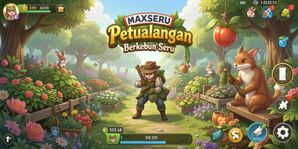 Gameplay MAXSERU menampilkan pertanian yang indah dan penuh warna.