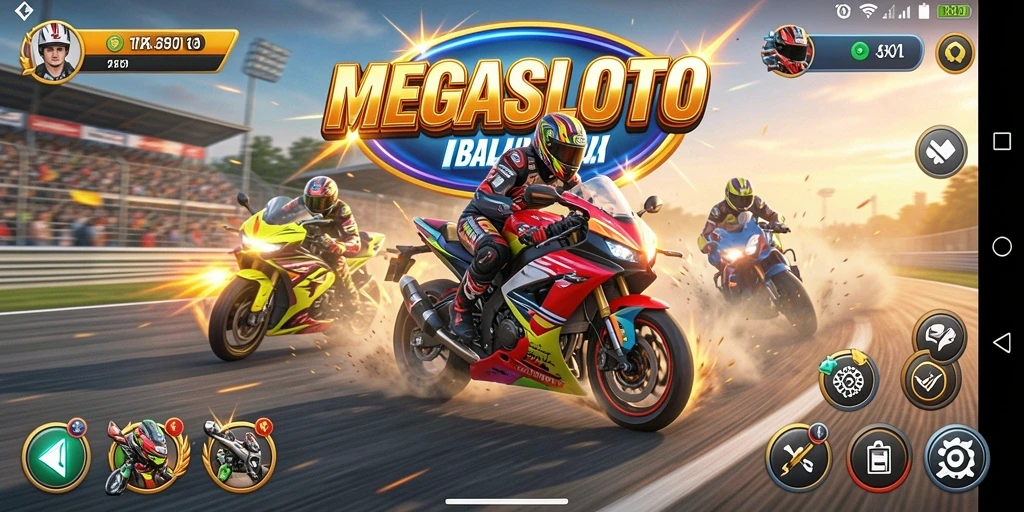 Gameplay seru MEGASLOTO dengan balapan motor yang memukau.