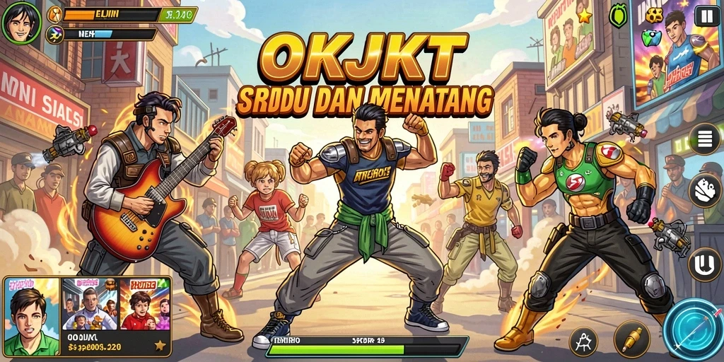 Screenshot utama menunjukkan aksi seru gameplay OKJKT dalam tantangan Arcade.