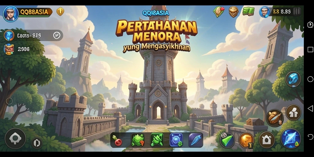Tampilan gameplay QQ88ASIA dalam pertempuran Tower Defense yang intens.