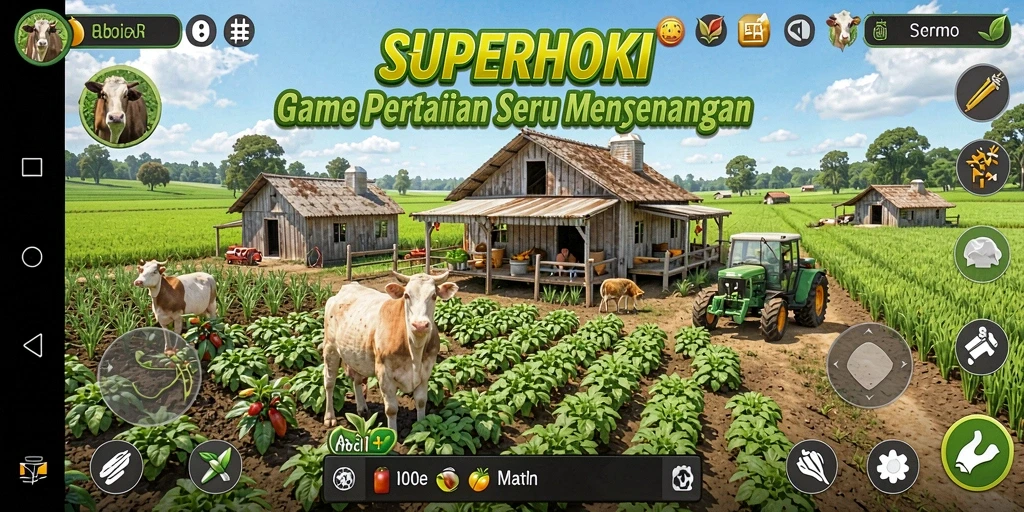 Screenshot gameplay SUPERHOKI menampilkan aktivitas pertanian yang seru.