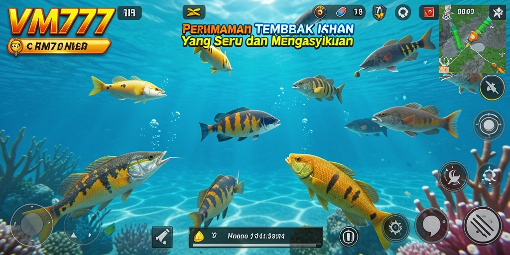 Tampilan gameplay seru di VM777 dengan banyak ikan berwarna.