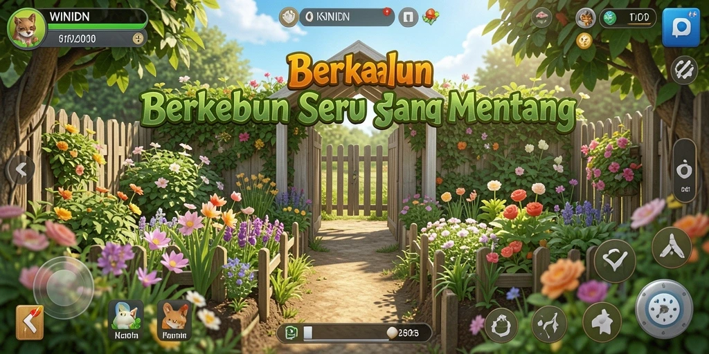 Tampilan gameplay WINIDN yang menarik dengan aktivitas berkebun yang seru.